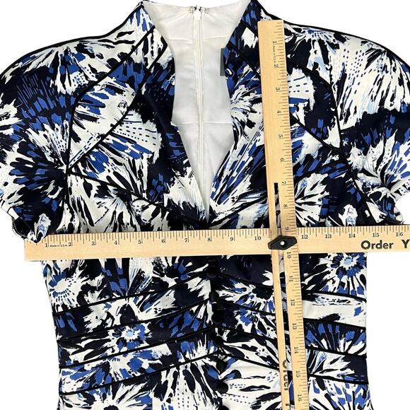 Theia Blue White Black Floral Faux Button Front Mandarin Collar Sheath Dress 2 - Picture 5 of 13